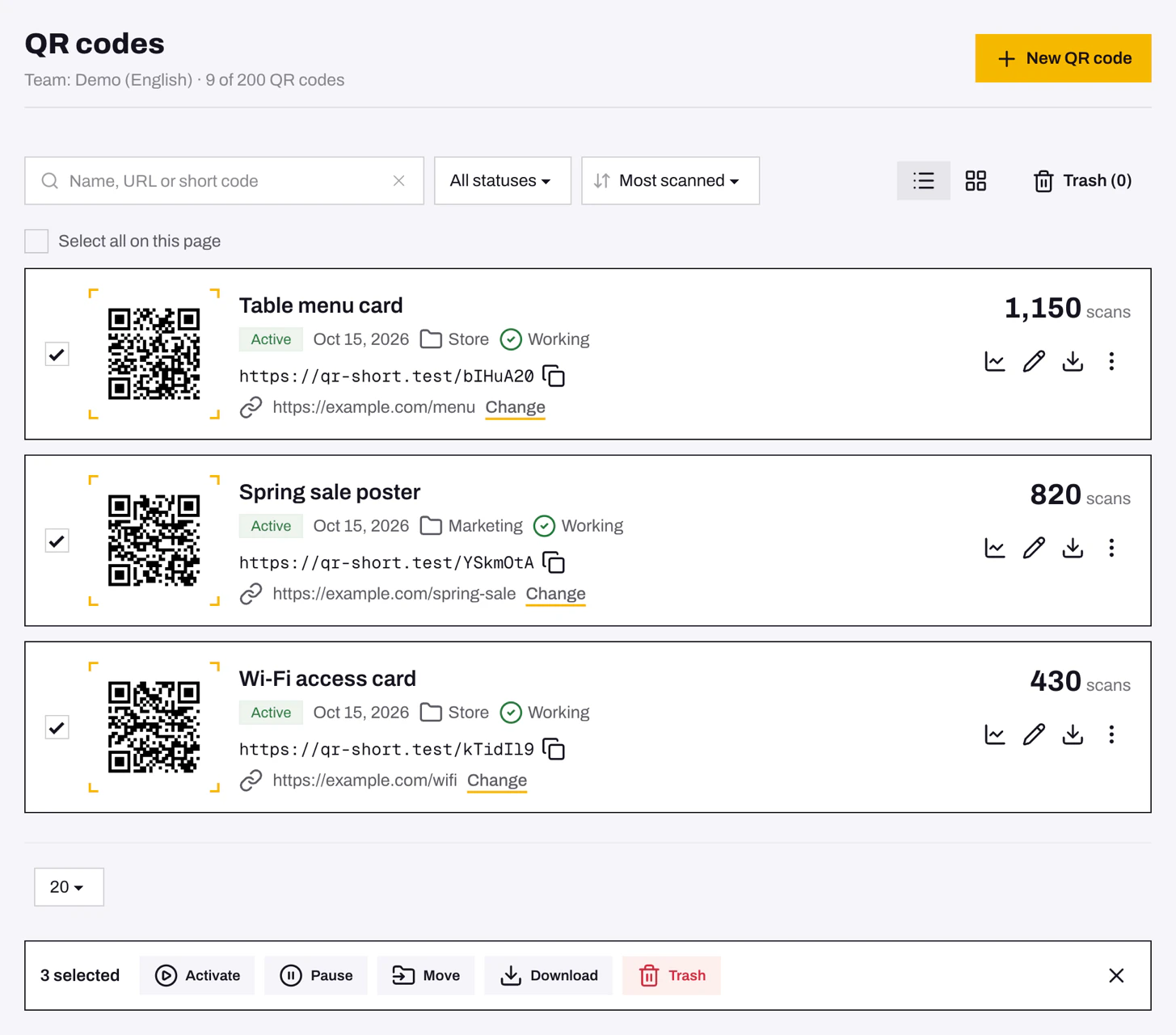 The QR codes list with several codes selected